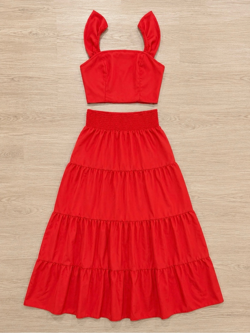 SHEIN Red Tiered Maxi Skirt Set with Crop Top